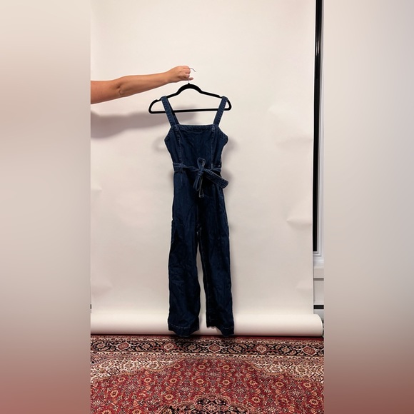 Denim long pant jumpsuit with tie waist - Picture 2 of 3